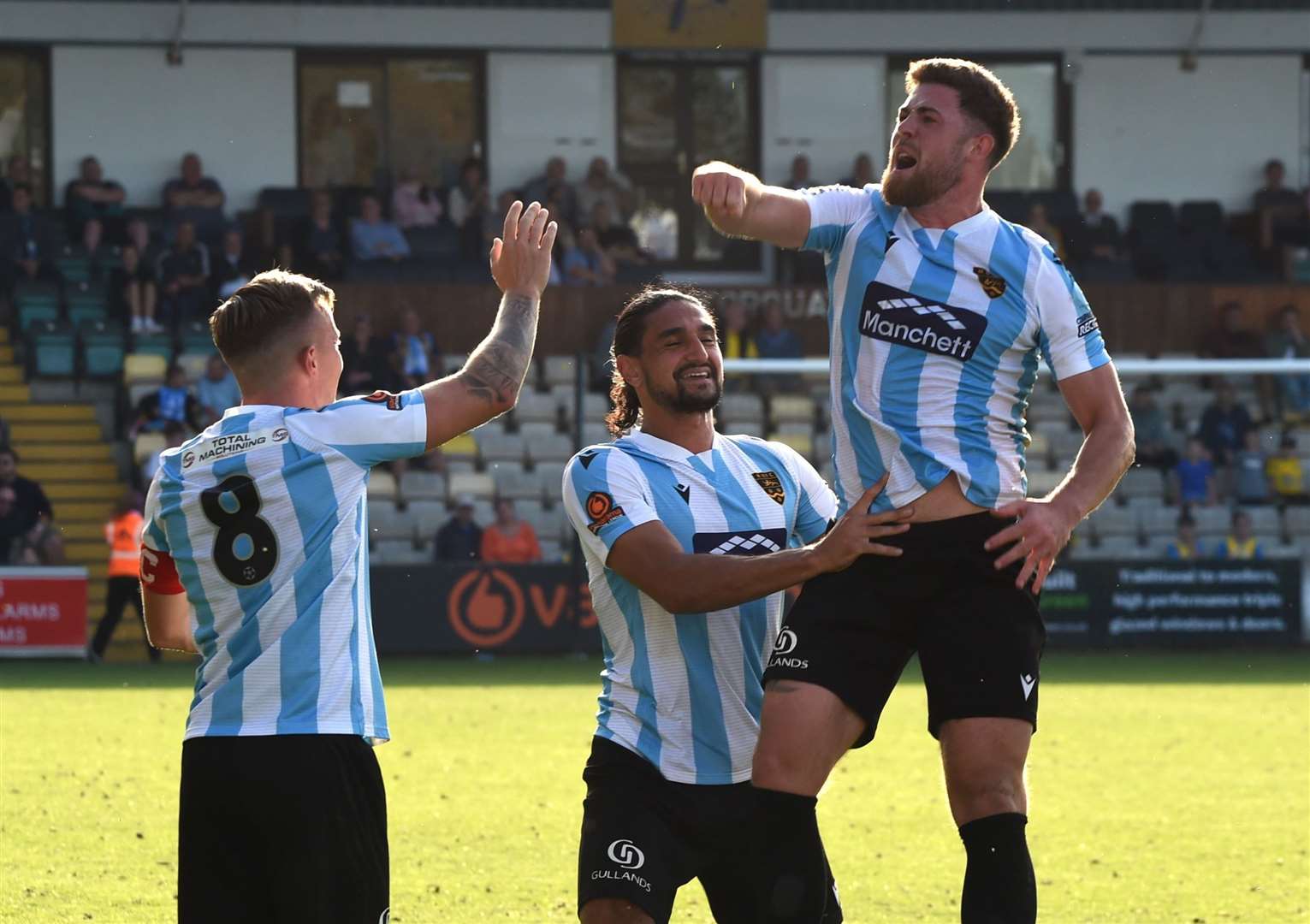 Sam Bone celebrates his winning goal at Torquay last weekend. Picture: Steve Terrell