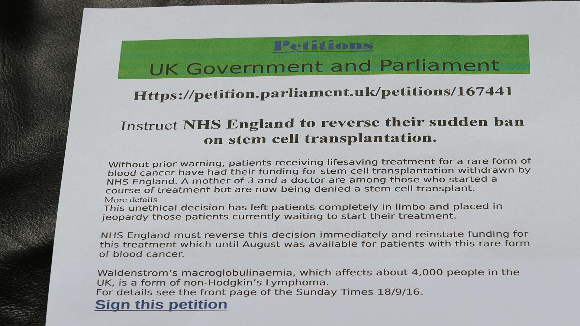 Copy of petition against the withdrawal of funding for stem cell transplantation by NHS England