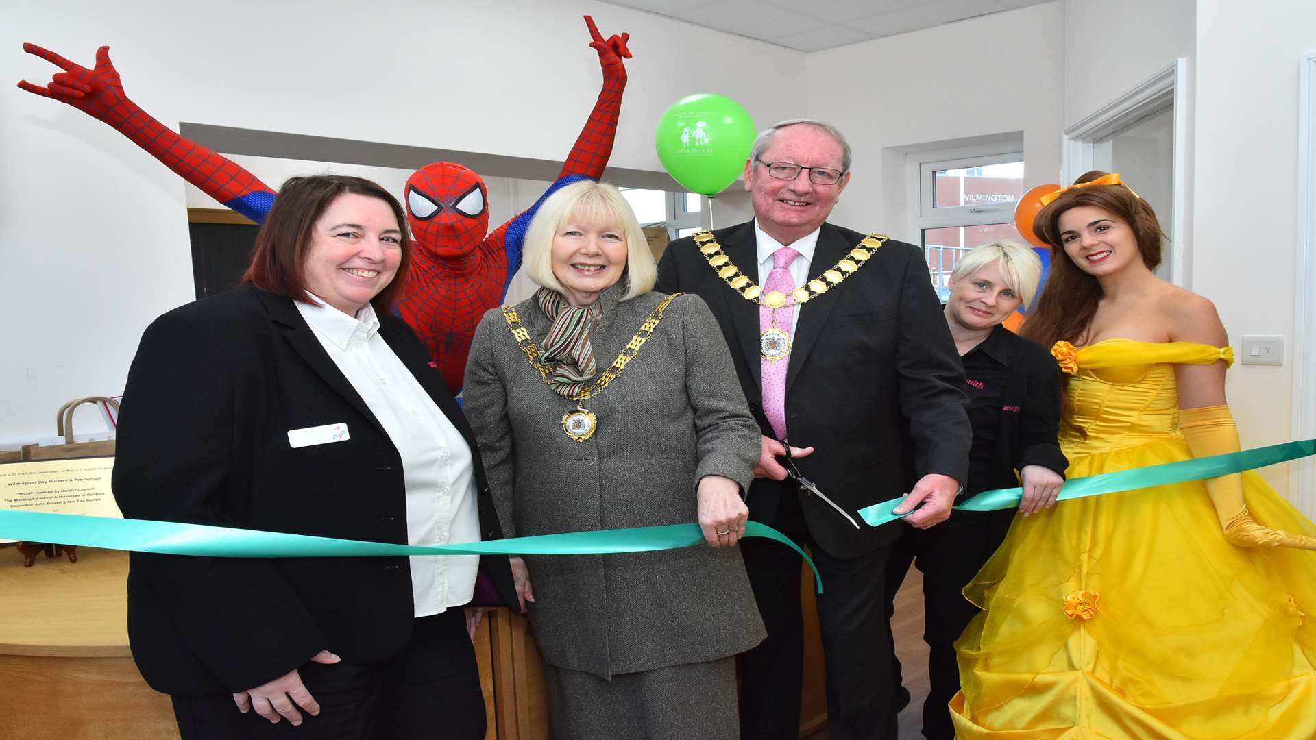 From left, Asquith regional director Dianne Lumsden-Earle, Dartford mayoress Eija Burrell, Dartford Mayor Cllr John Burrell, nursery manager Eve Brockwell with Belle and Spiderman