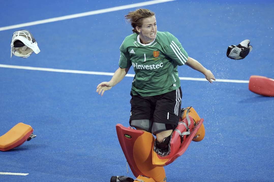 Maddie Hinch helps England beat the Netherlands on penalties to win the 2015 European Championships. Picture: Frank Uijlenbroek.