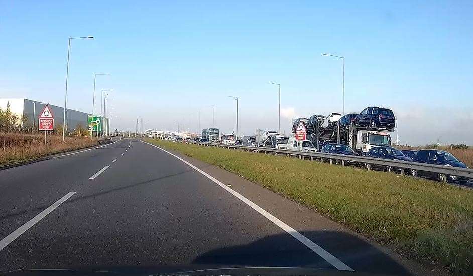 Traffic queuing on the A249 on the approach to the crossing