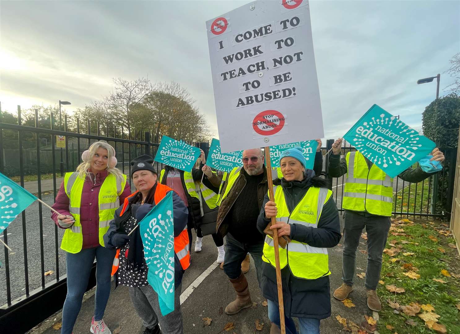 Teachers took the streets outside Oasis Academy over claims of constant abuse at the school. Picture: KMTV