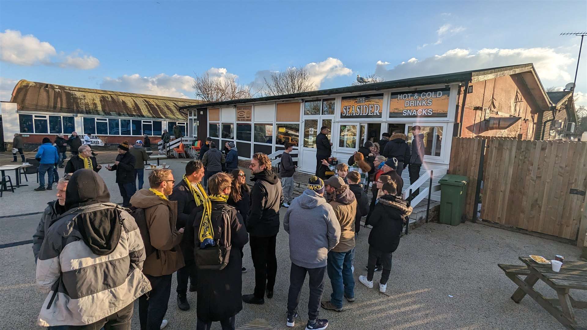 Huge queue at Folkestone Invicta Football Club for the 'footy scran'