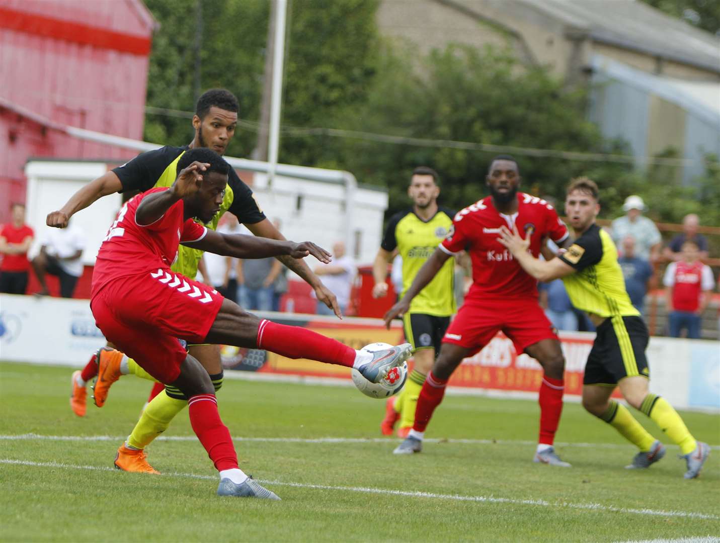 New signing Botti Biabi hooks the ball into the goalmouth Picture: Andy Jones