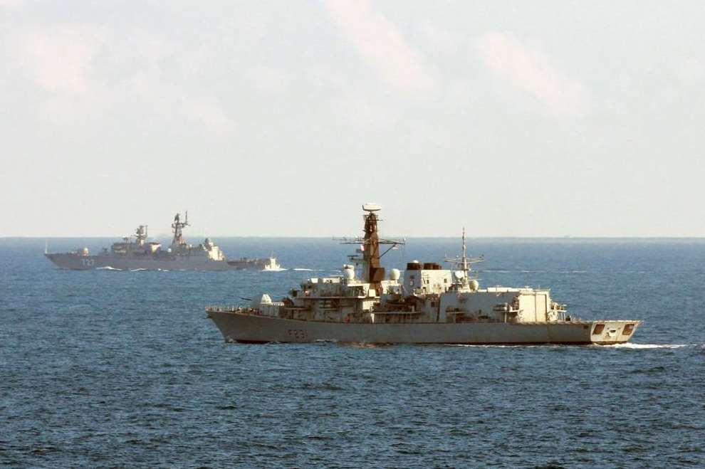 The Russian warship Yaroslav Mudryy and her accompanying tanker, the Kola, were spotted off Folkestone coast. Pic: Royal Navy