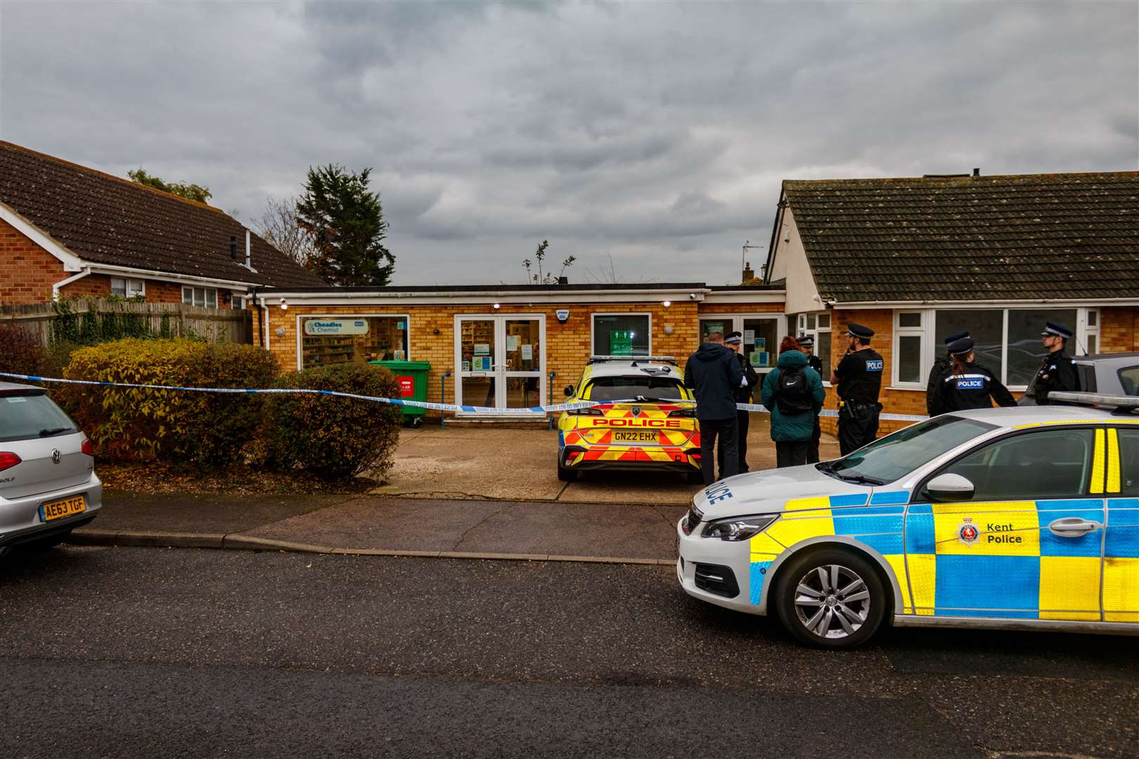 Police at the scene of a suspected robbery at Cheadles Chemist in Seasalter, near Whitstable. Picture: Les Hawkins