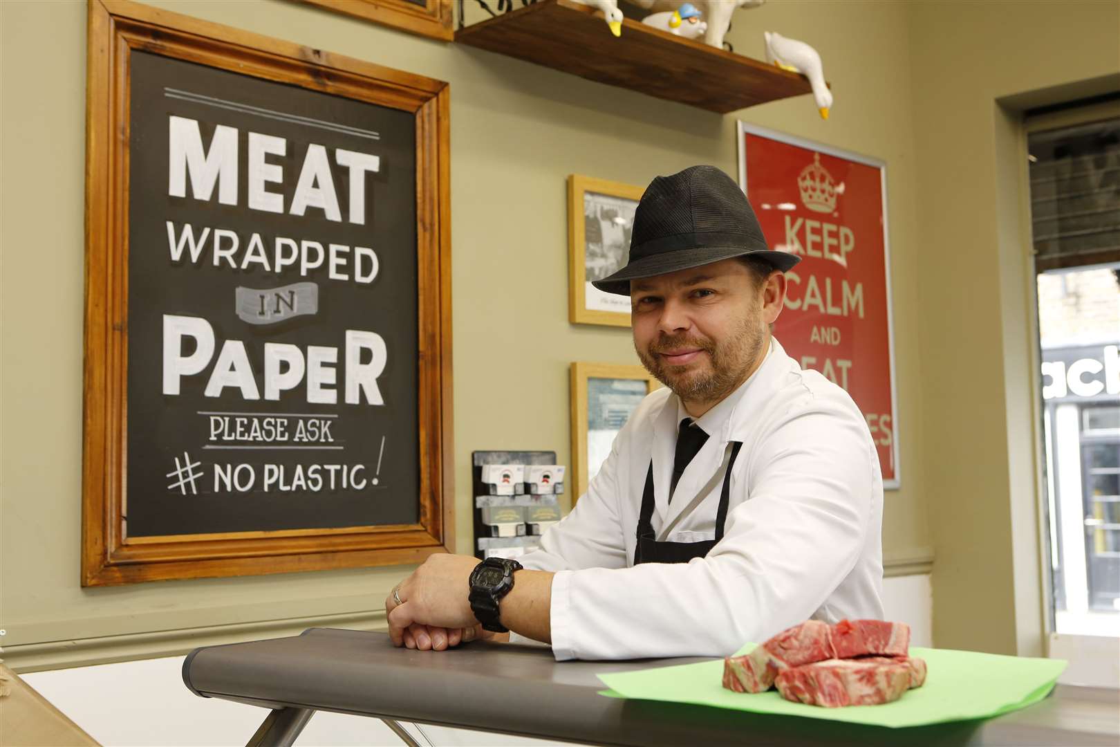 Jim Holness is promoting his 'plastic free' packaging - following the closure of the Tesco meat counter. Picture: Andy Jones