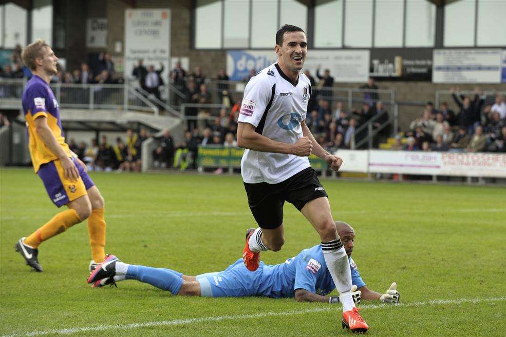 Danny Harris wheels away after scoring Dartford's third (Pic: Andy Payton)