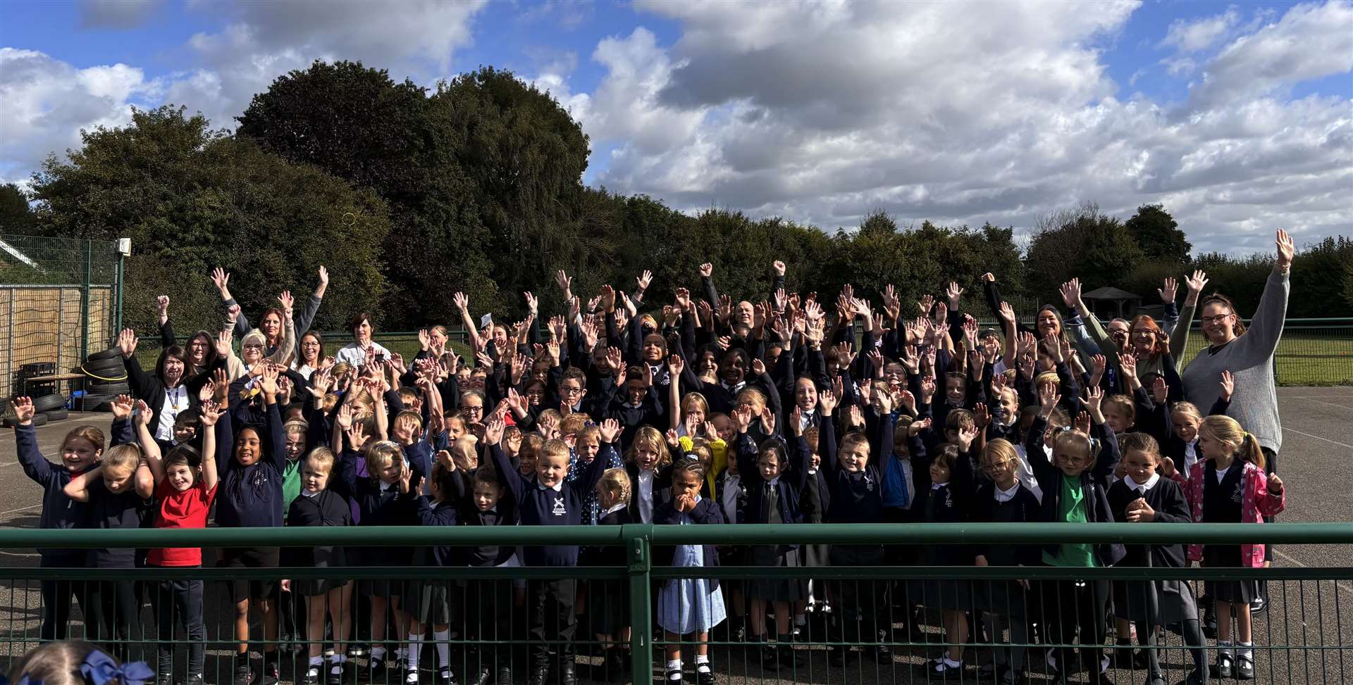 Pupils and staff from Rodmersham Primary School celebrate their 'outstanding' Ofsted report. Picture: Rodmersham Primary School