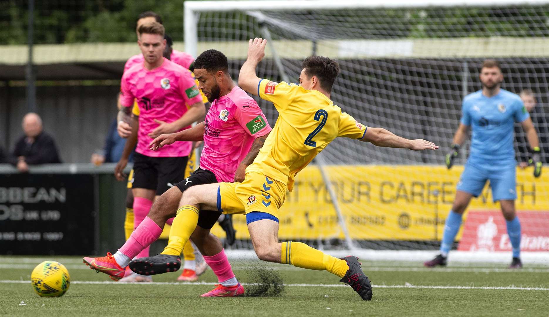 Jernade Meade is put under pressure during Dartford's FA Cup loss at AFC Sudbury. Picture: Mecha Morton