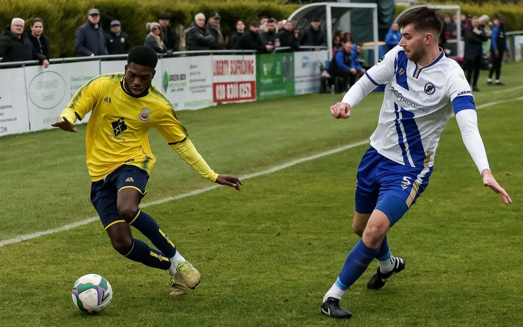 Whitstable winger Tyler Anderson takes on the Bearsted defence on Saturday in the goalless draw. Picture: Les Biggs