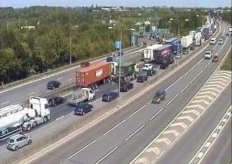 Queuing traffic on the M25 from Swanley towards the Dartford Crossing after a tunnel was blocked. Picture: Highways England