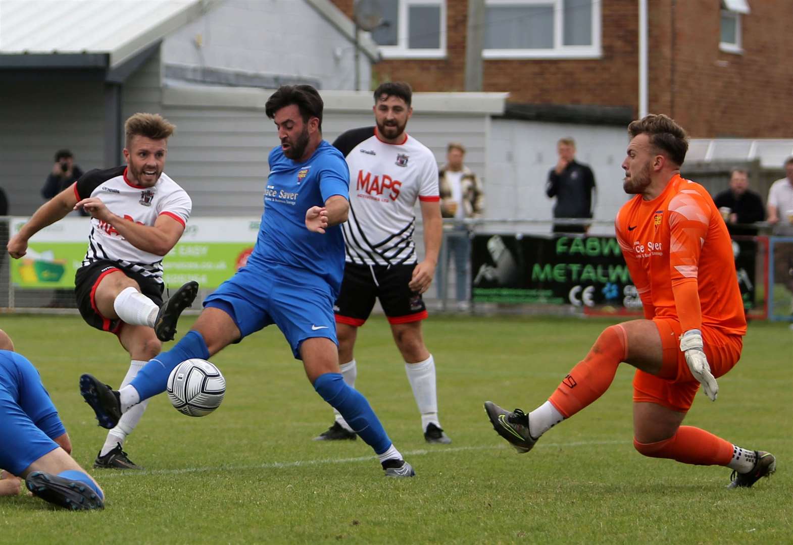 Striker Aaron Millbank is denied at close range amid Deal’s weekend friendly 2-1 loss to Faversham Strike Force. Picture: Paul Willmott