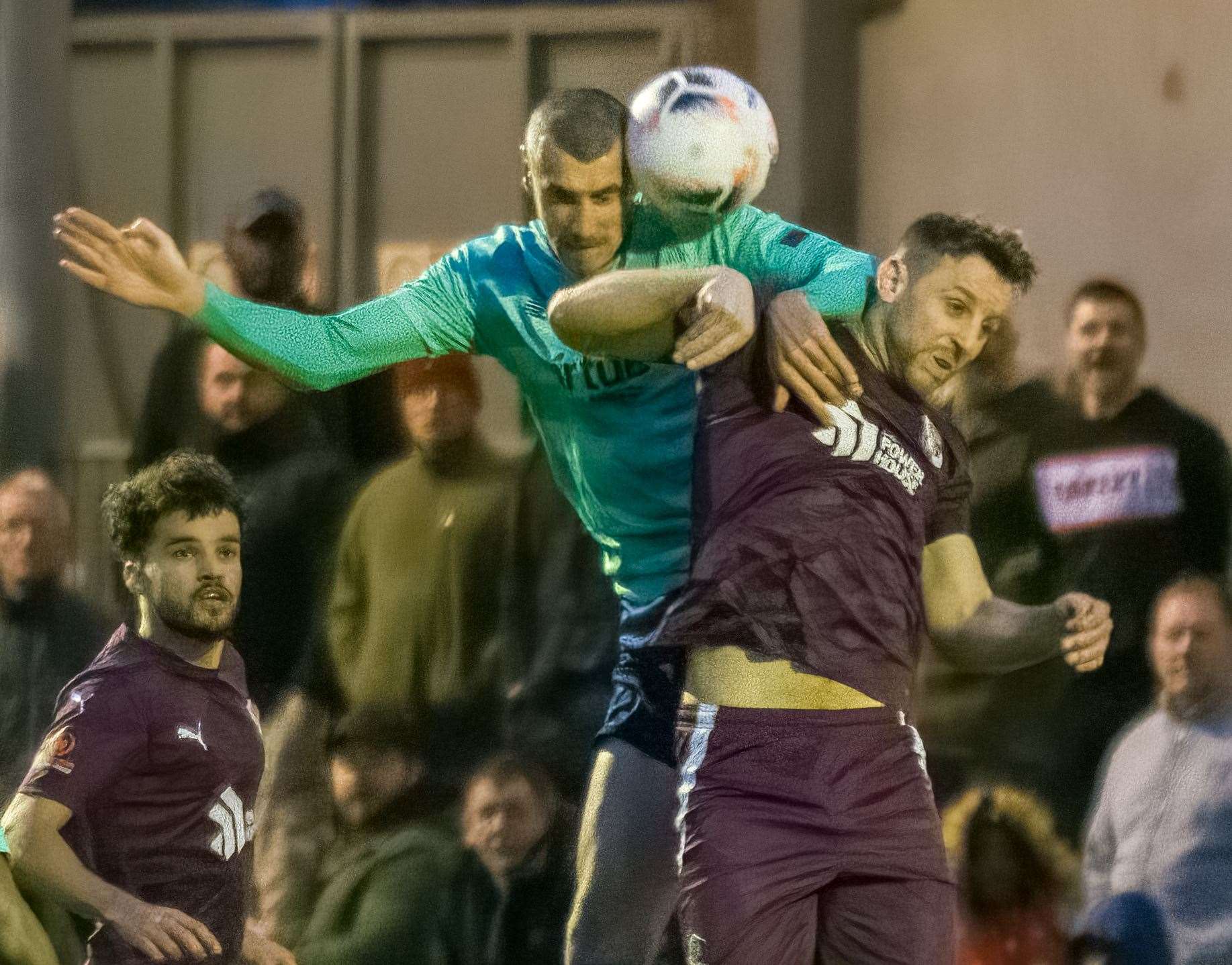 Dartford's Connor Essam battles Ebbsfleet's Haydn Hollis during Darts' 4-0 win on Sunday. Picture: Ed Miller/EUFC