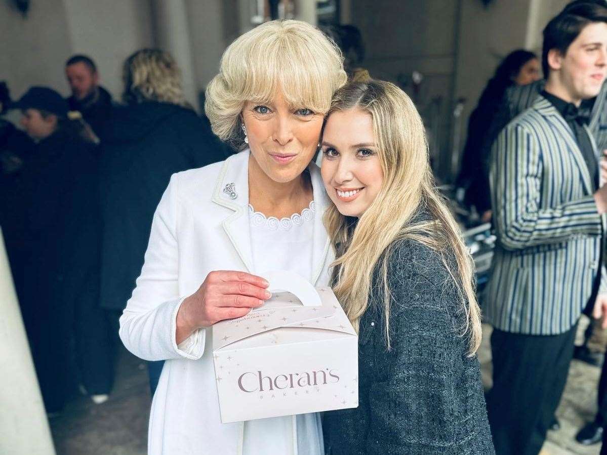 Cheran Friedman with Camilla actor, Olivia Williams outside Cheran’s Bakery in Rochester. Picture: Cheran Friedman