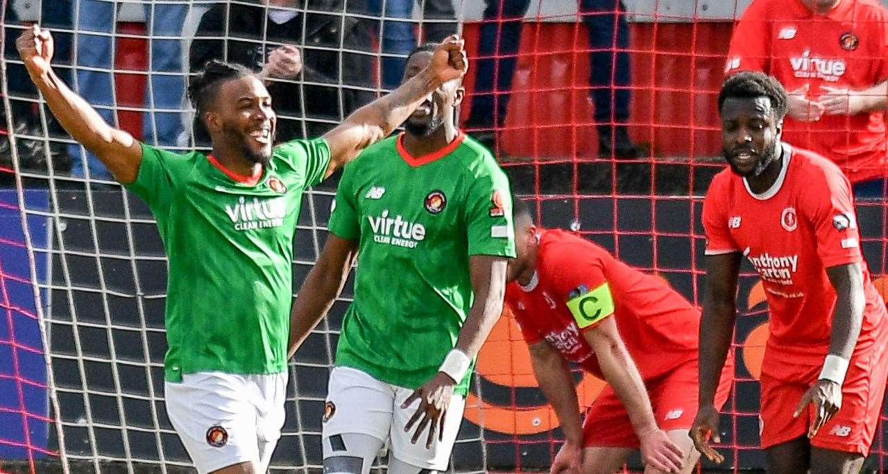 Dominic Poleon celebrates scoring for the Fleet at Welling on Saturday. Picture: Dave Budden