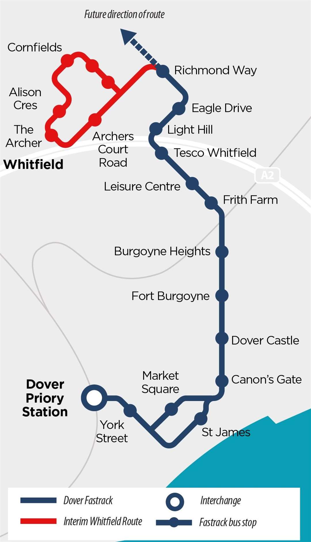 A map showing where the Dover Fastrack route is set to run