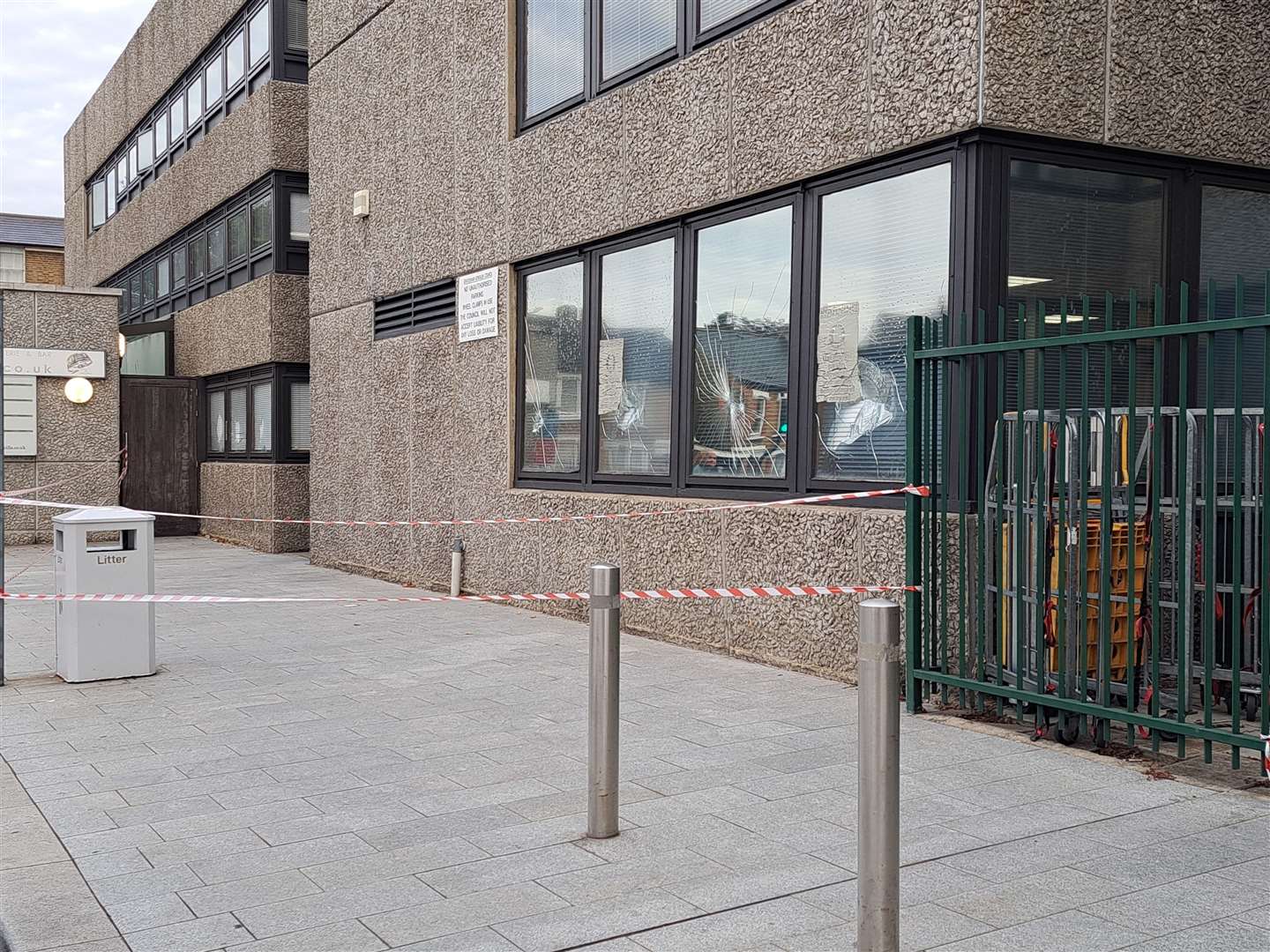 Smashed windows at The Woodville and Gravesham Civic Centre in Windmill Street, Gravesend