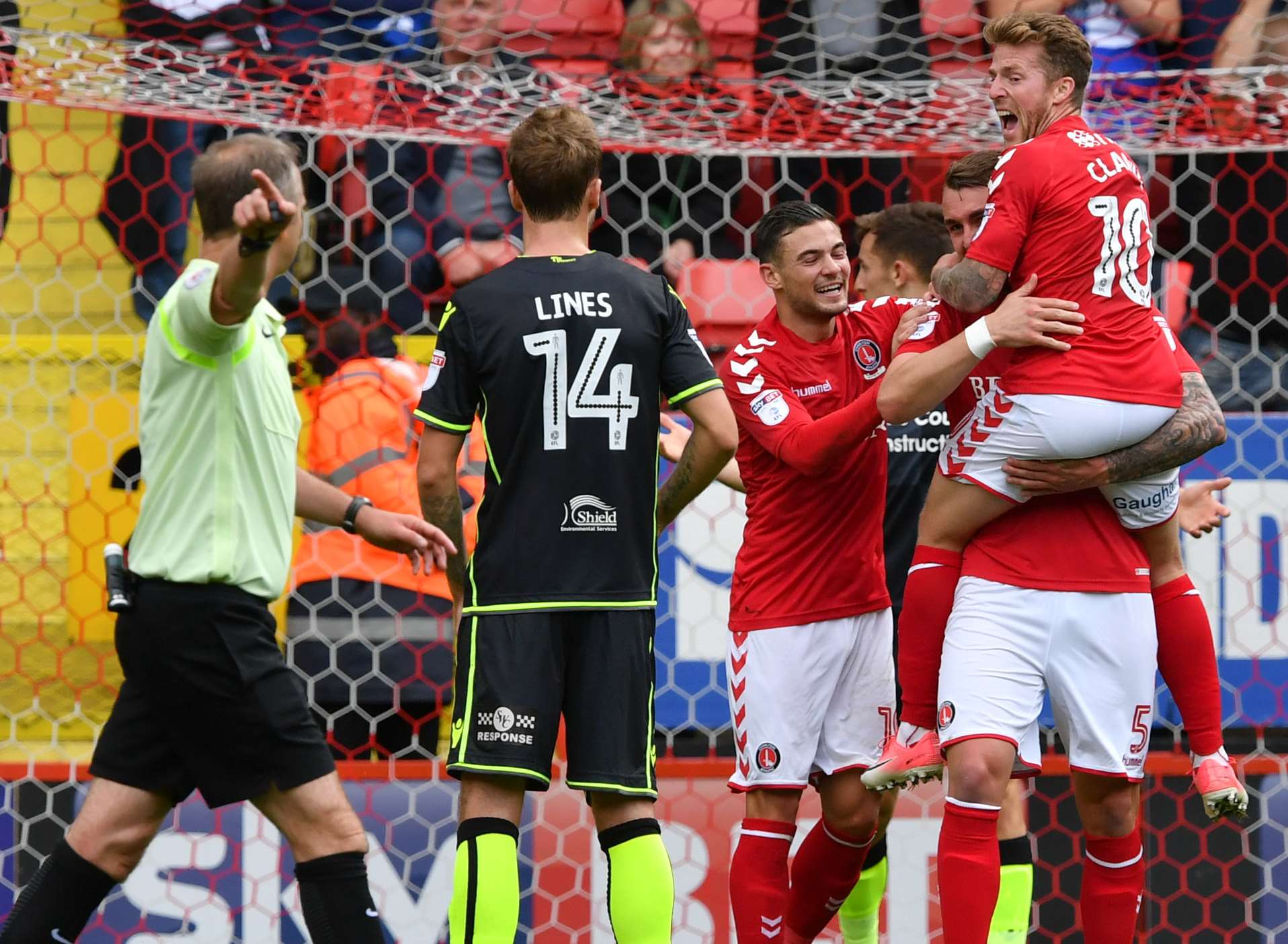 Charlton celebrate Patrick Bauer's first-half header. Picture: Keith Gillard