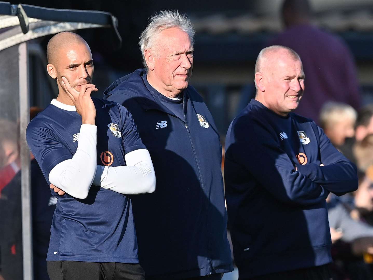 Christian Jolley, left, alongside coach Martin Tyler and Dartford boss Alan Dowson, says Pierre Fonkeu contributes more than just goals. Picture: Keith Gillard