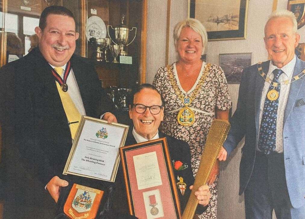 Cllr Simon Clark presents Dale with the Mayors Lifetime Achievement Award alongside Cllr Sarah Stepehen and Paul Stepehen