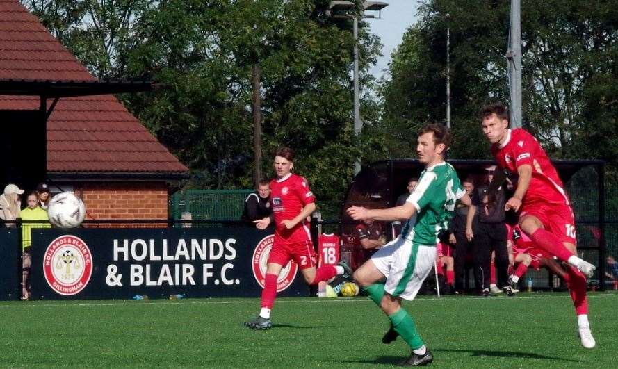 Charlie Sheringham makes it 1-0 to Hollands & Blair against Rusthall Picture: John Anderson