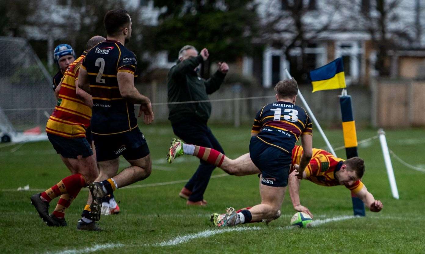 Medway's Conor Chalmers scores the winner at Old Colfeians. Picture: Jake Miles Sports Photography