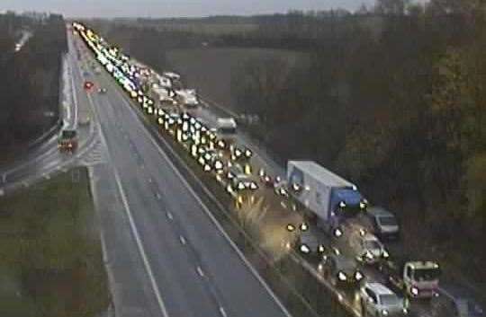 Queues were forming on the M2 near the Stockbury Roundabout. Picture: National Highways