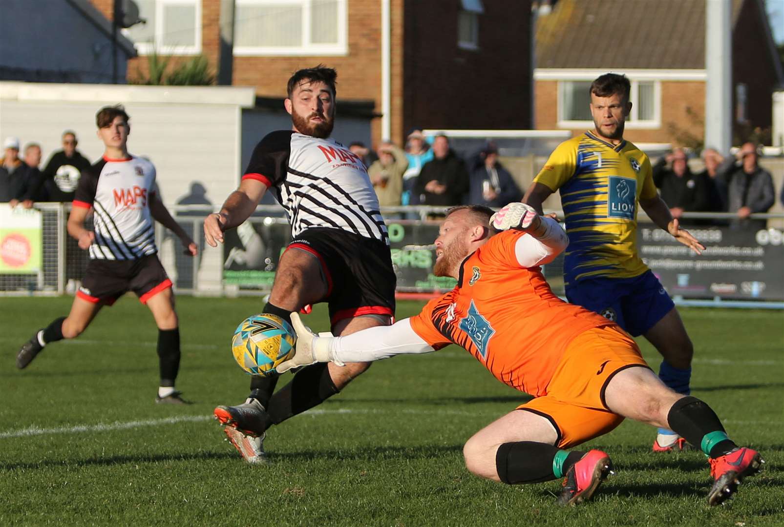 A fingertip save by inspired Snodland keeper Adam Molloy denies Deal's Connor Coyne an open goal in the Hoops’ 2-1 weekend Kent Senior Trophy defeat. Picture: Paul Willmott