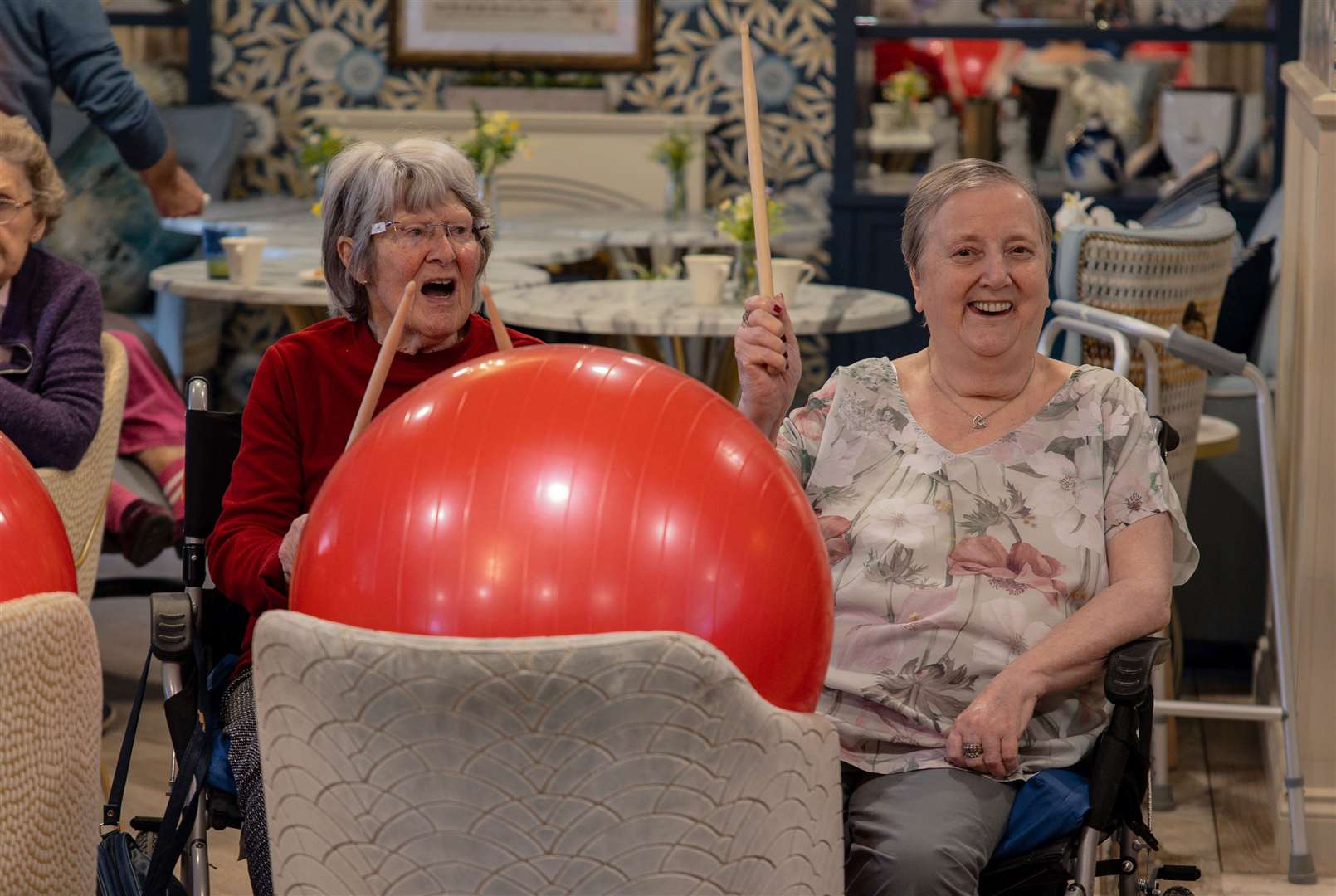 Jane Kennedy and Margaret Baker enjoy playing along to Elvis songs. Picture: Oakland Care