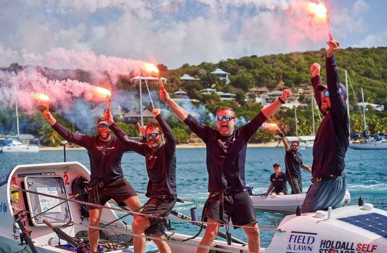 Celebrations for (left to right) Josh Stone, Keith Burnet, James Allan and Richard Stewart and completing Atlantic row