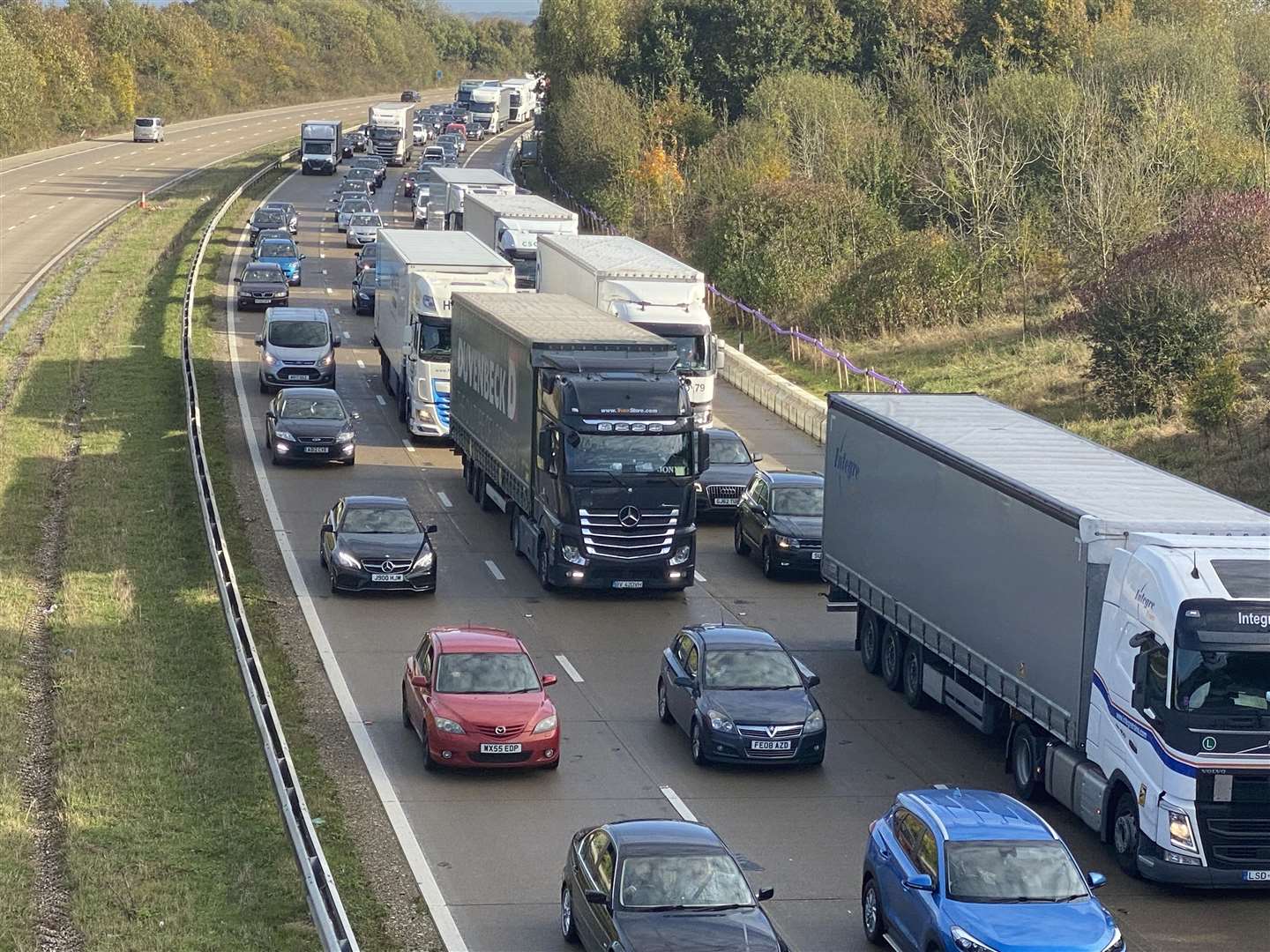 The queues after a van and a caravan were involved in a collision on the M20 near Ashford. Picture: Steve Salter