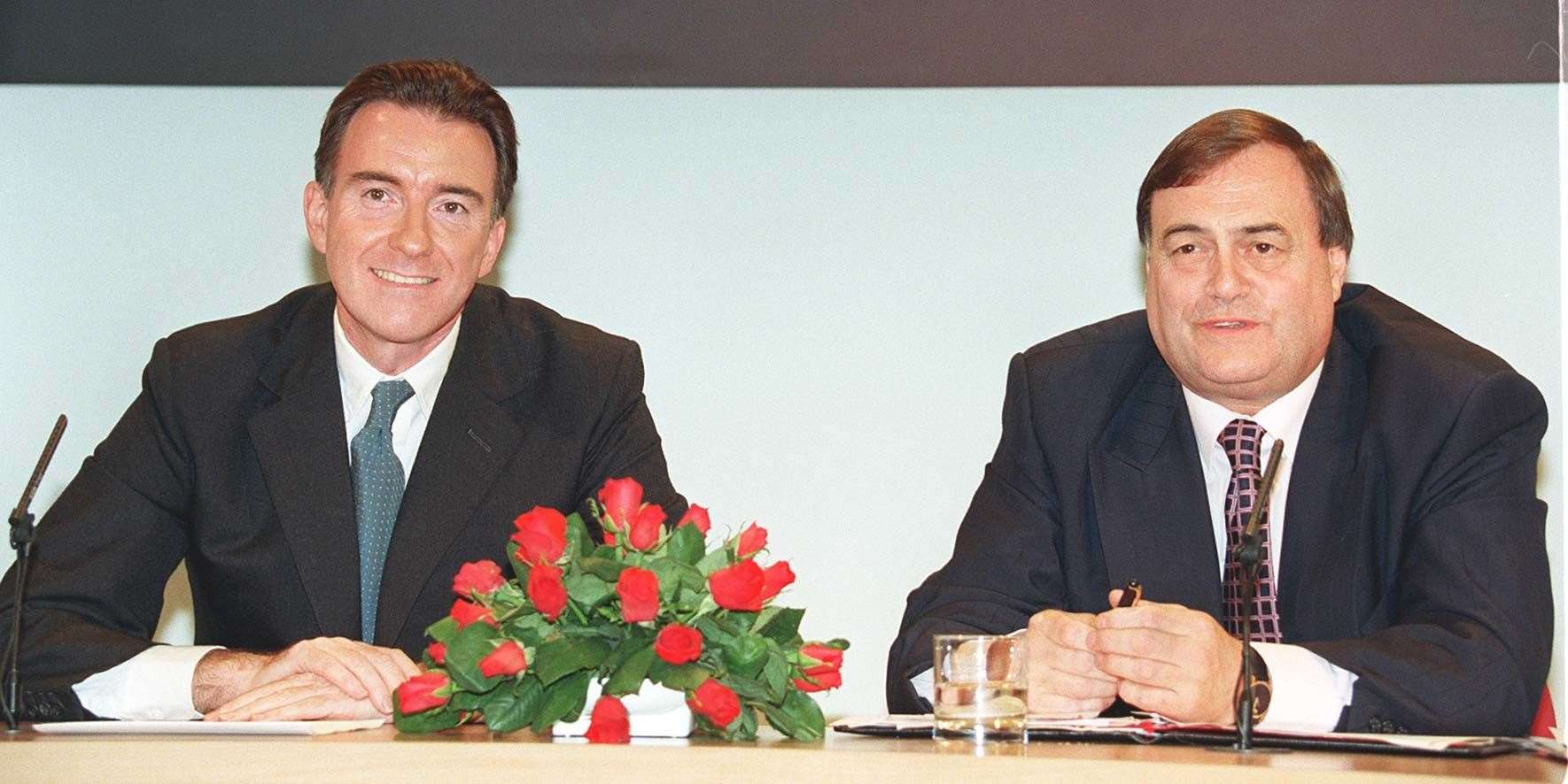 John Prescott and Peter Mandelson (left) holding a news conference to highlight the Labour Party’s first 100 days in government (Tom Hevezi/PA)