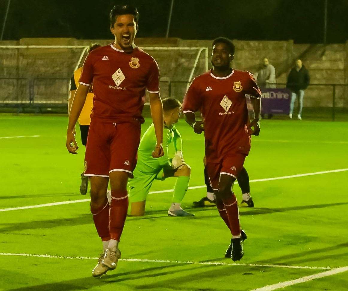 Defender Will Thomas celebrates as Whitstable score again. Picture: Les Biggs