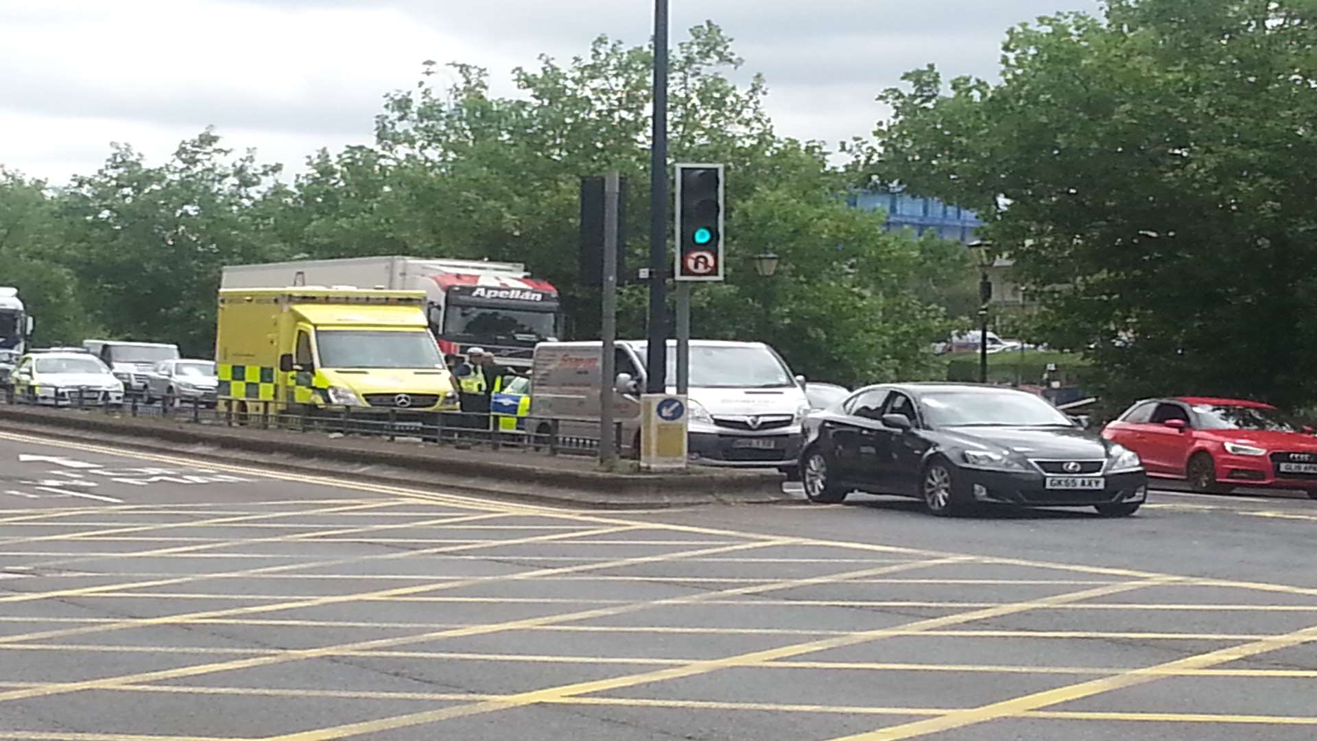 The collision is blocking two lanes