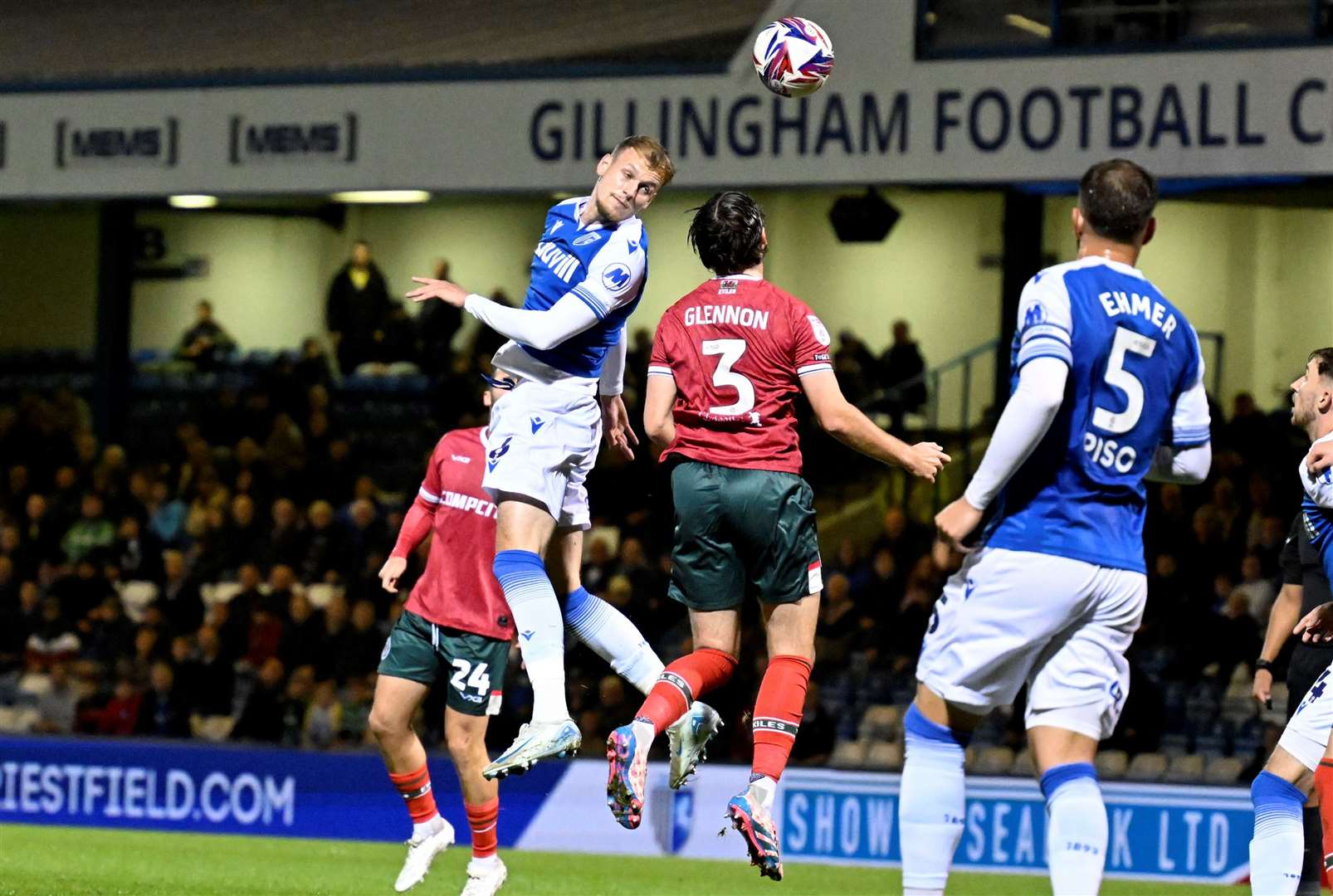 Ethan Coleman wins a header for Gillingham against Newport County Picture: Barry Goodwin