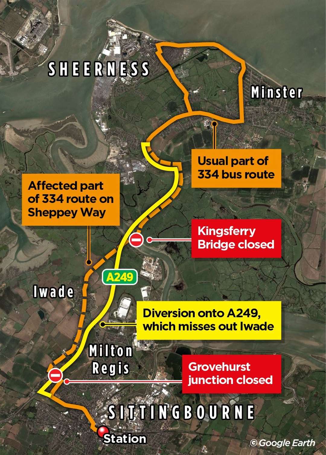 The affected bus route. Picture: KM Graphics and Google Earth