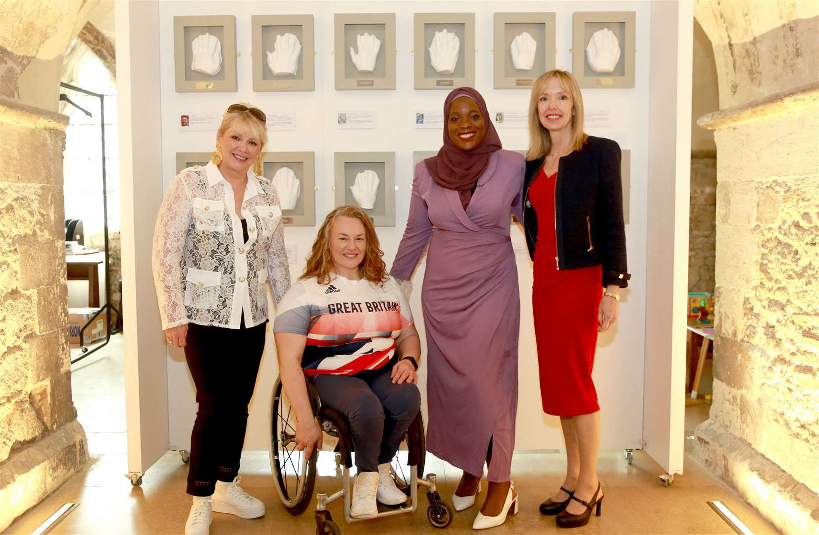 Cheryl Baker, Louise Sugden, Zainab Alema and Louise Giblin at the launch of the Abigail's Footsteps' 'Lend A Hand' exhibition in the crypt of Rochester Cathedral