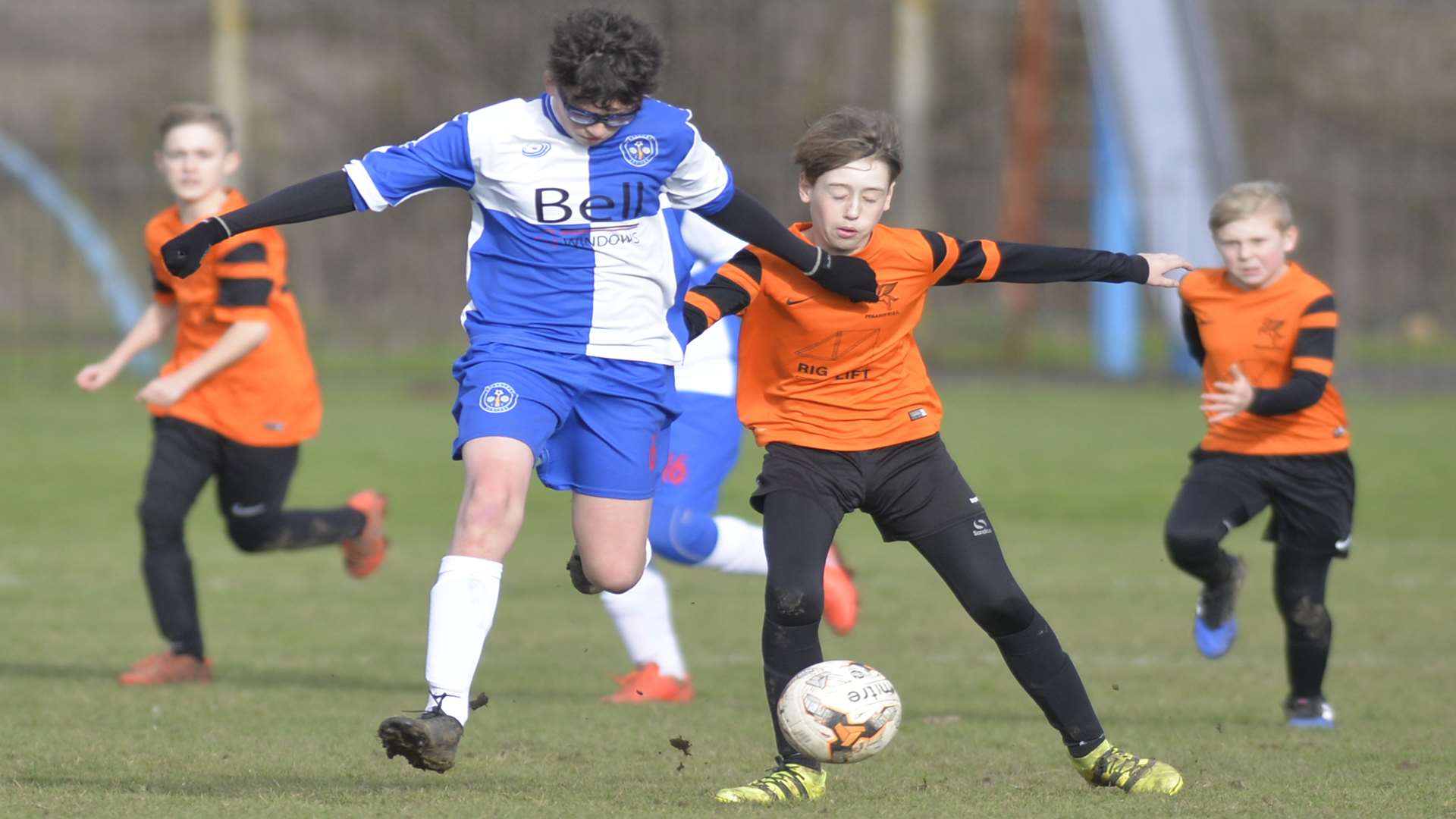 Bredhurst Juniors Youth under-14s (blue and white) battle Pegasus 81 Colts Picture: Ruth Cuerden