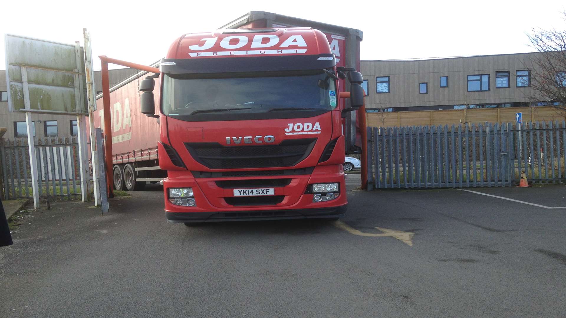 The car park barrier got wedged between the cab and the trailer. Picture: Gina Fuller