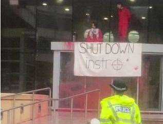 Protesters and police at Sandwich Discovery Park on Monday morning. Picture: Palestine Action