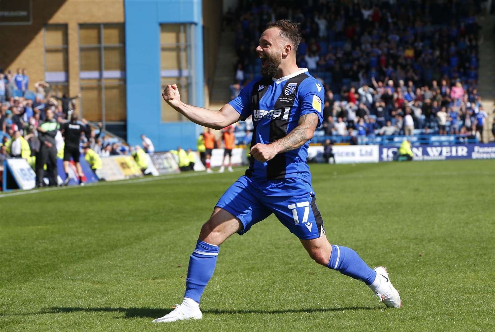 Midfielder Danny Lloyd celebrating Gillingham's goal against Lincoln. Picture: Andy Jones (49990663)