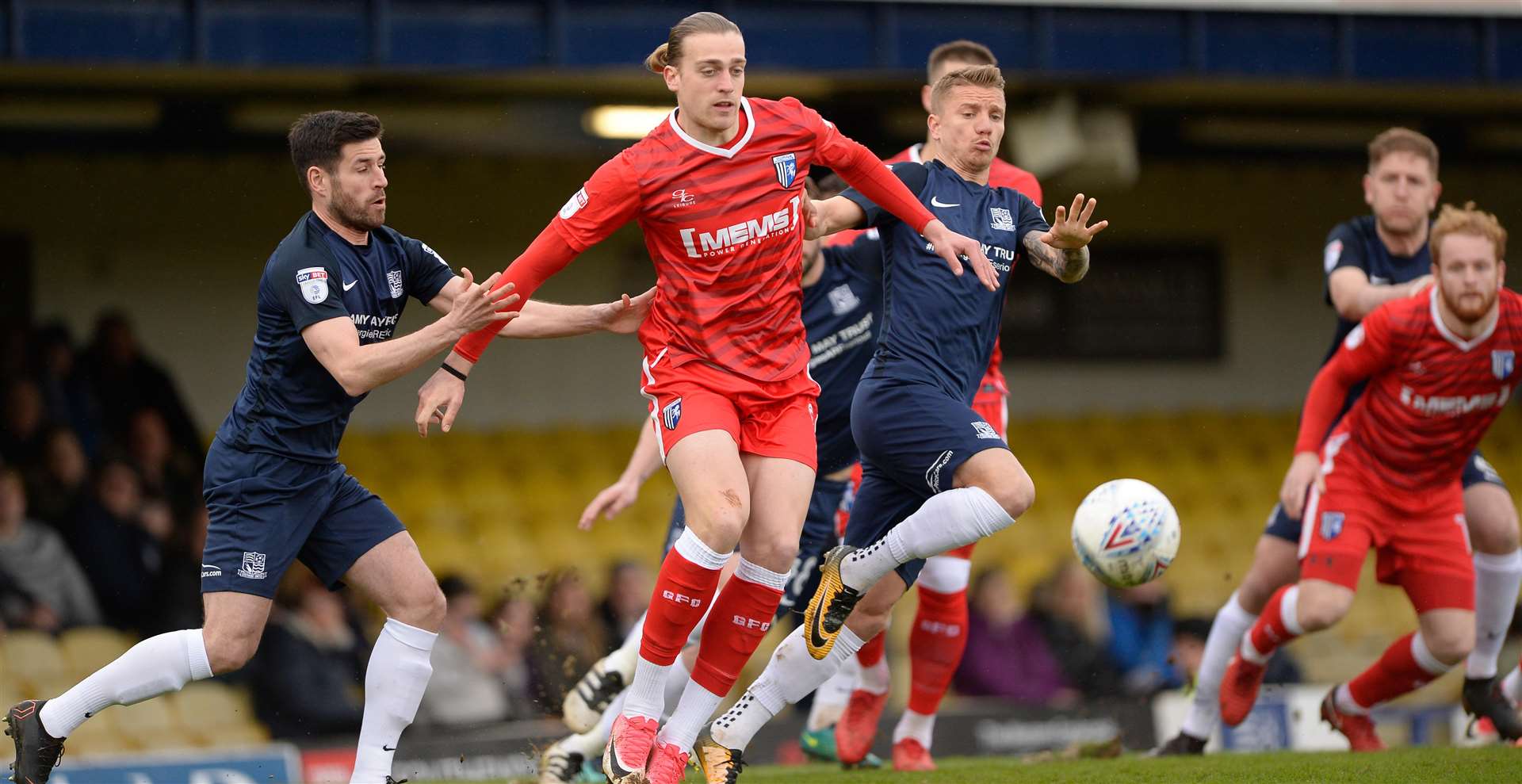 Gillingham's Tom Eaves comes under pressure against Southend. Picture: Ady Kerry