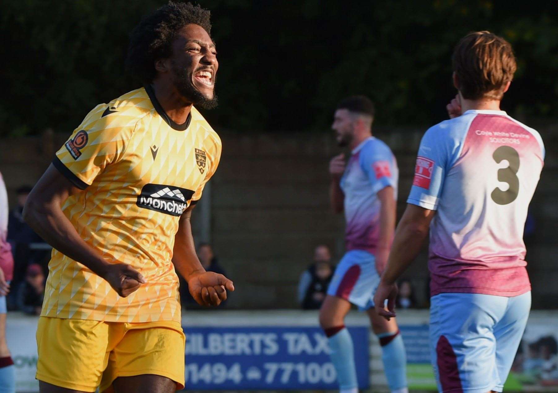 Devonte Aransibia celebrates scoring the opening goal for Maidstone at Chesham on Saturday. Picture: Steve Terrell