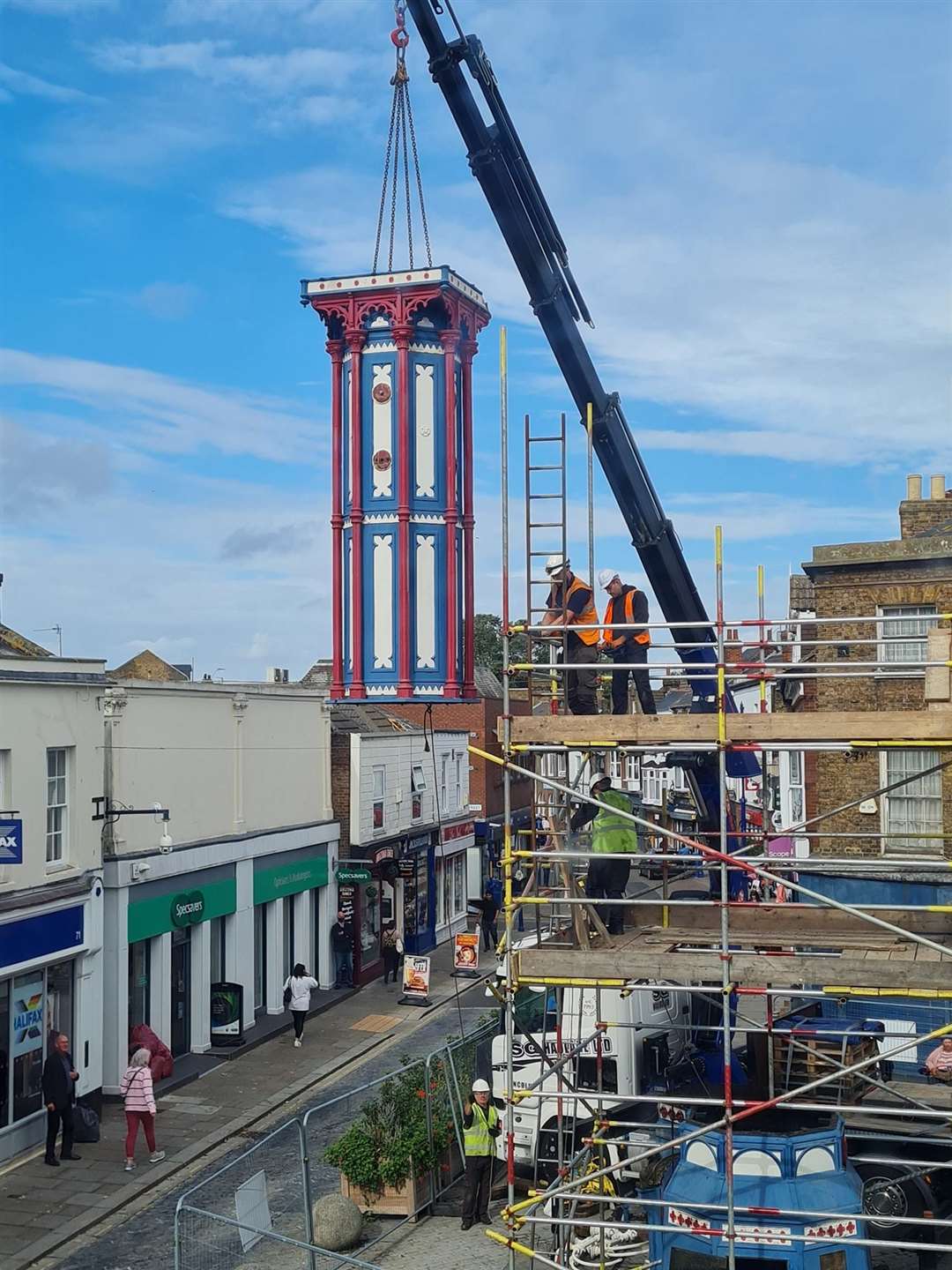 Day two: Engineers from Smith of Derby use a crane to remove the 119-year-old Sheerness clock tower. It will be taken away for a full restoration. Picture: Donna Mansi