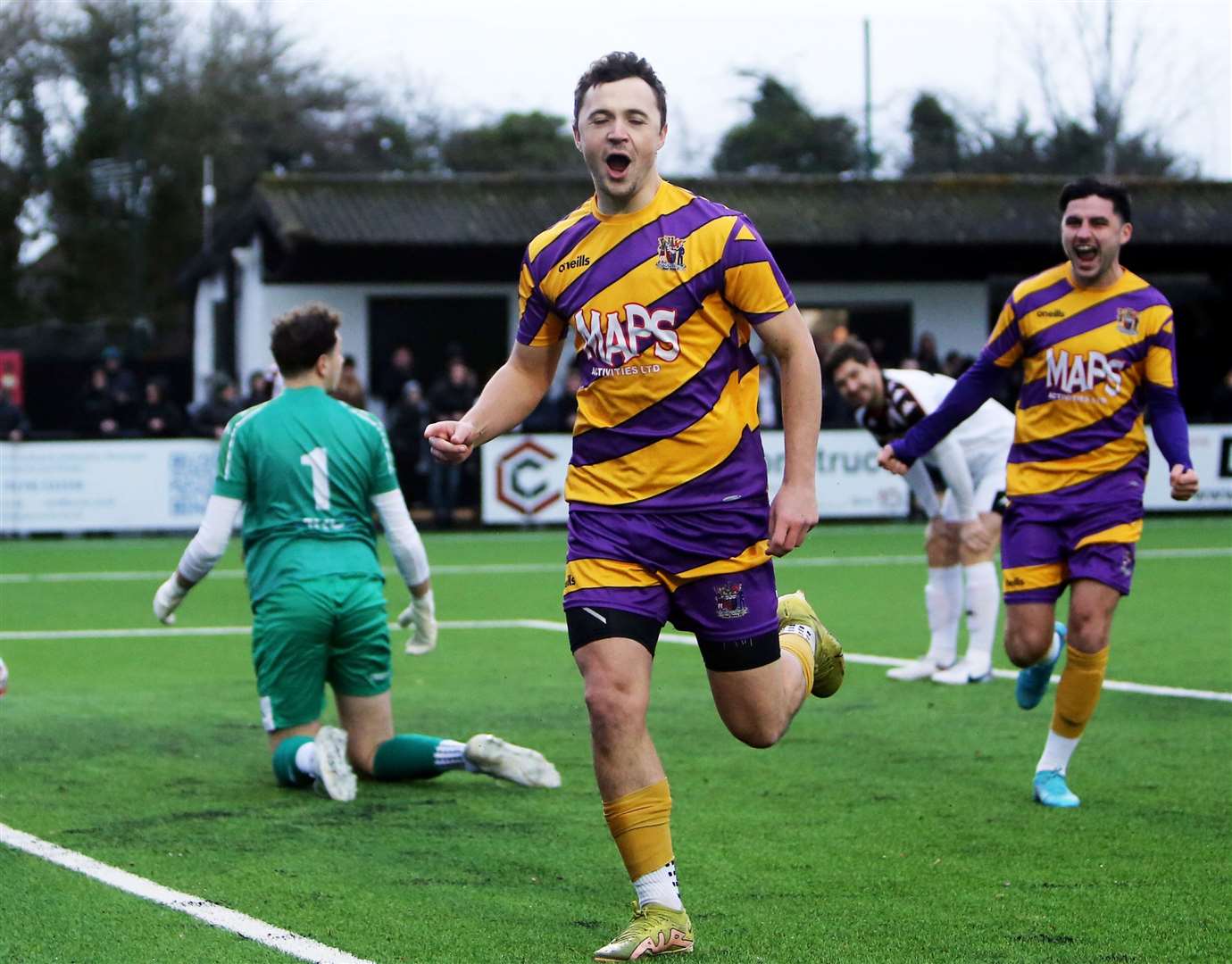 Striker Rory Smith celebrates having opened the scoring for Deal in their 4-2 weekend win at Faversham. Picture: Paul Willmott