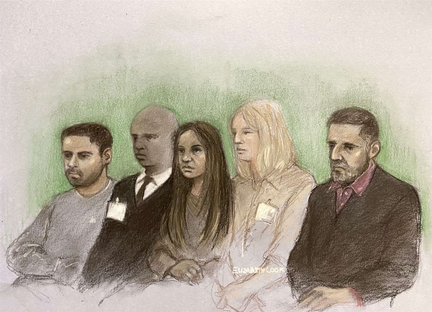 Court sketch of Sara Sharif’s father Urfan Sharif (right) her uncle Faisal Malik (left), and stepmother Beinash Batool (centre) (Surrey Police/PA)