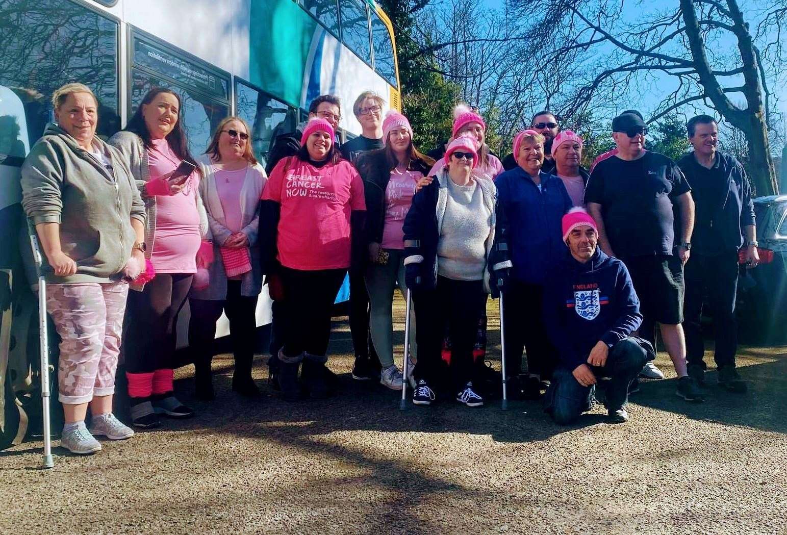 Volunteers were given pink bobble hats, knitted by Eila Ward and her mum June