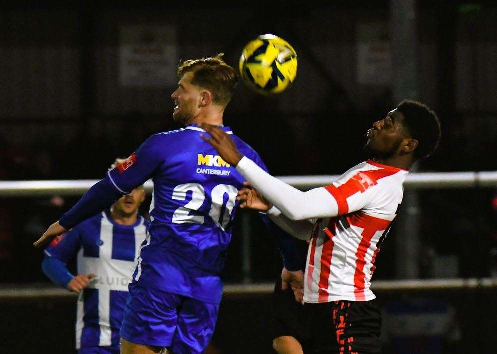 Herne Bay's Jacob Gilbert gets up and attempts to win the ball. Picture: Marc Richards