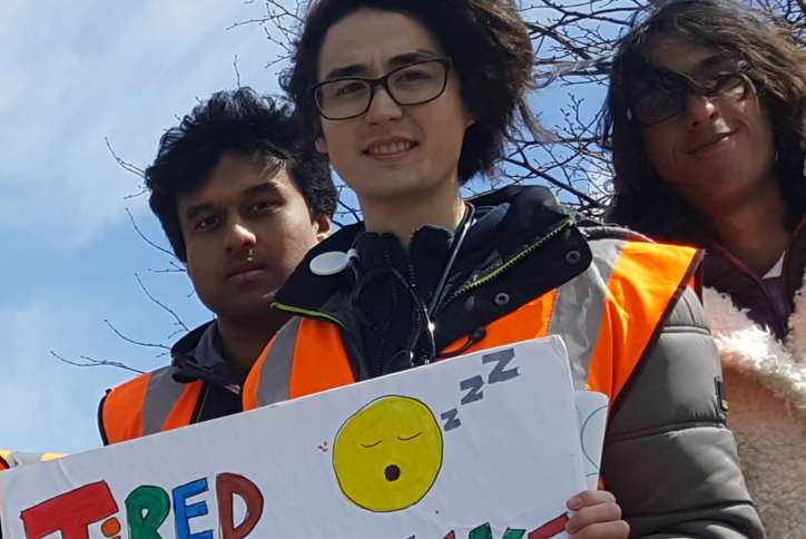 Junior doctor Yoshua Collins-Sawaragi was striking outside of the QEQM hospital today.